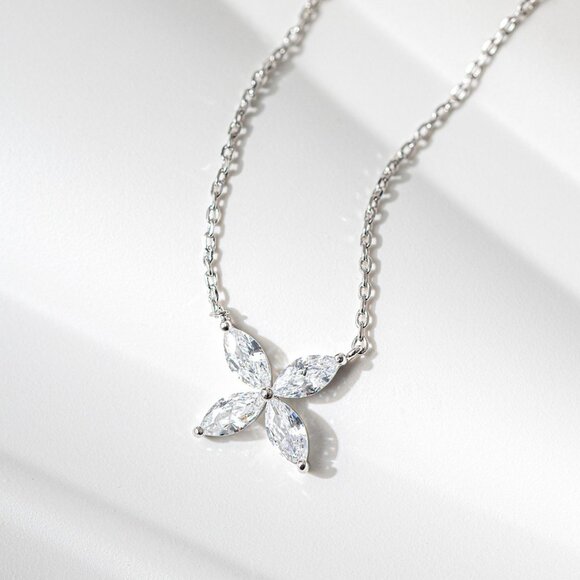Dainty Flower Pendant Necklace for Women, 18K White Gold, Cubic Zirconia. - Picture 4 of 5